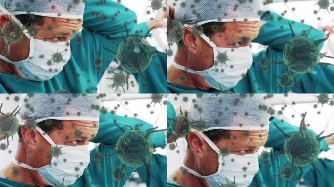 在外科医生的面罩上移动covid 19细胞的动画