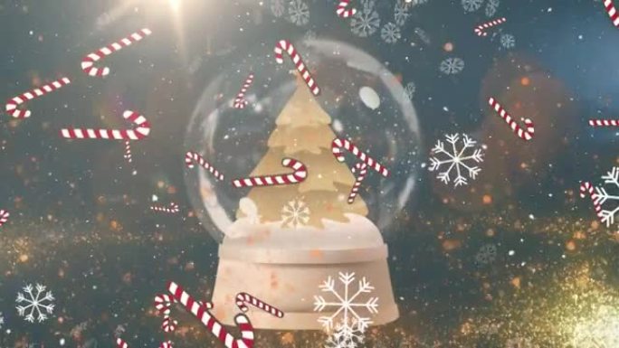 带有圣诞树装饰的圣诞雪球上掉落的雪和拐杖动画