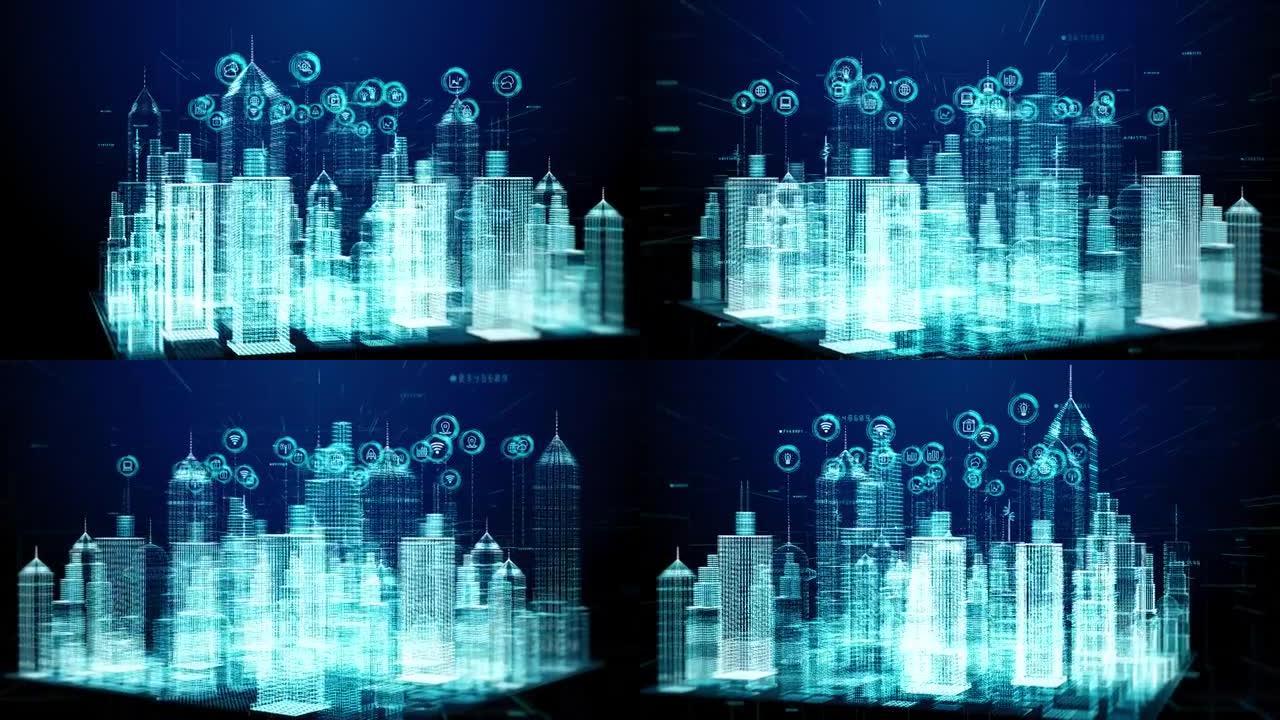 智慧城市具有技术网络物联网和社交媒体连接，技术高速互联网连接，数字数据未来的抽象背景。