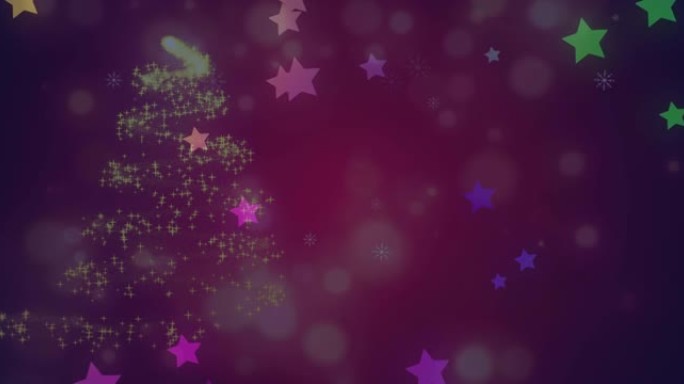 星星掉落在发光的圣诞树上的动画