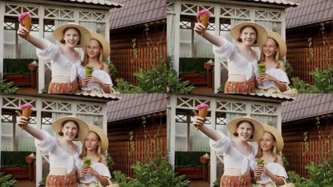 农村少年女孩戴着草帽在农村，木房子背景上有野花，手指在什么东西上。乡村暑假时戴着乡村帽子的浪漫女孩