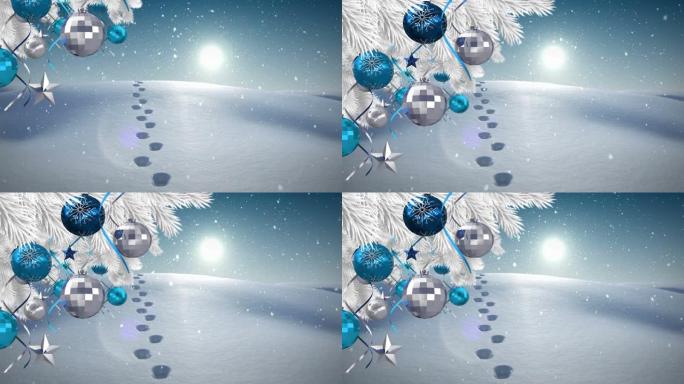 圣诞装饰品和飘落在冬天风景上的雪的动画