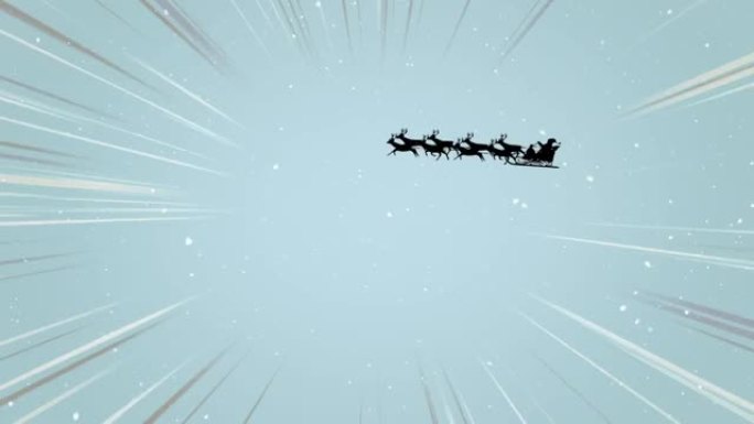 雪落在雪橇上的圣诞老人上，被驯鹿和蓝色背景上的小径拉动