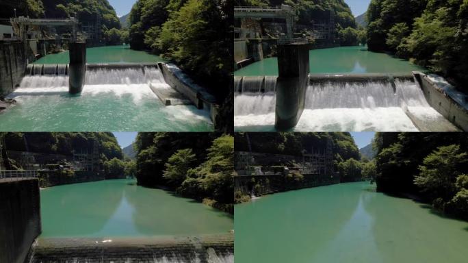 日本四国岛上的小型水坝和蓝绿色水域上空