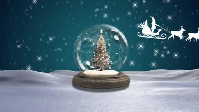 蓝色背景上的驯鹿雪橇上的圣诞树和圣诞老人动画