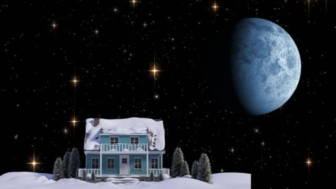 带有房子，星星和月亮的冬季圣诞节风景动画