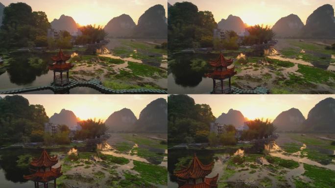 广西靖西鹅泉日出朝霞喀斯特自然风光航拍
