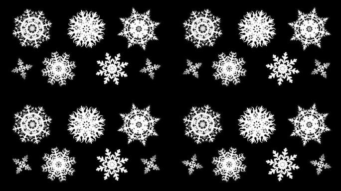 黑色背景上快速旋转的白色雪花图案。