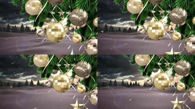 冬天风景下的雪花和圣诞节装饰的动画
