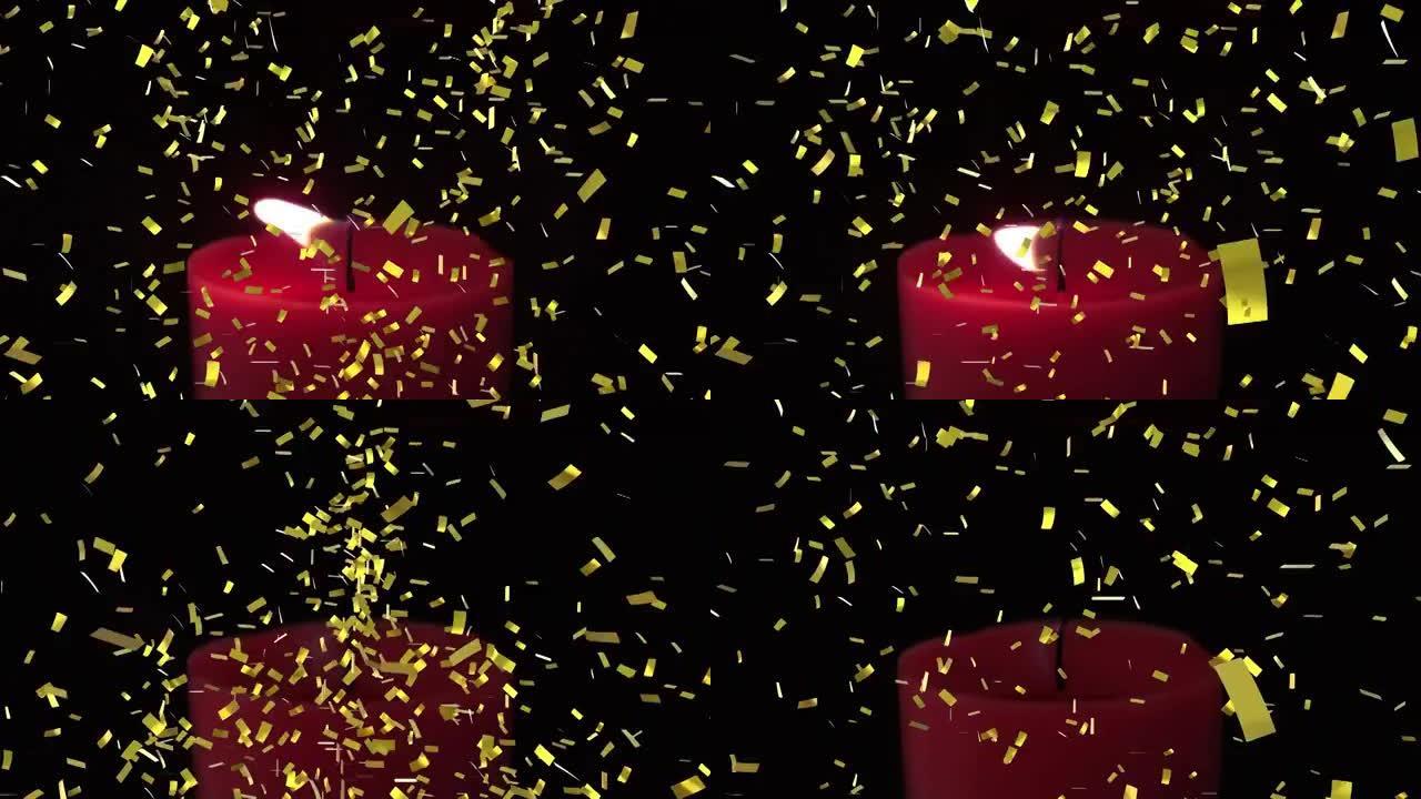 黑色背景下金色五彩纸屑掉落在燃烧的红色蜡烛上的数字组成