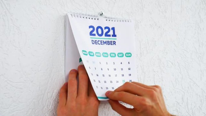 男性双手撕下2021年挂历的12月页，然后是新2022日历特写的标题页