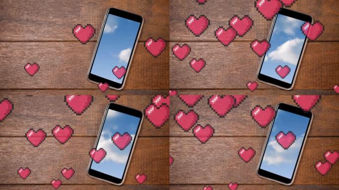 木制表面上的社交媒体红心图标和智能手机的动画