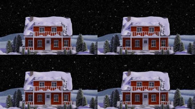 积雪覆盖的房屋上的积雪动画和冬季景观背景