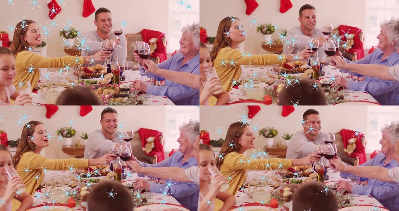 白雪皑皑的快乐高加索家庭欢呼和共进晚餐的动画