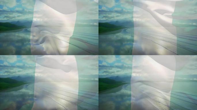 尼日利亚国旗的动画在海滩景观，多云的蓝天和海挥舞