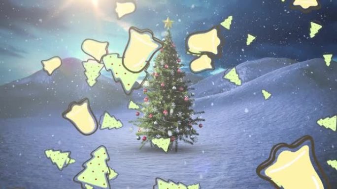 圣诞节钟声的动画落在冬季景观上