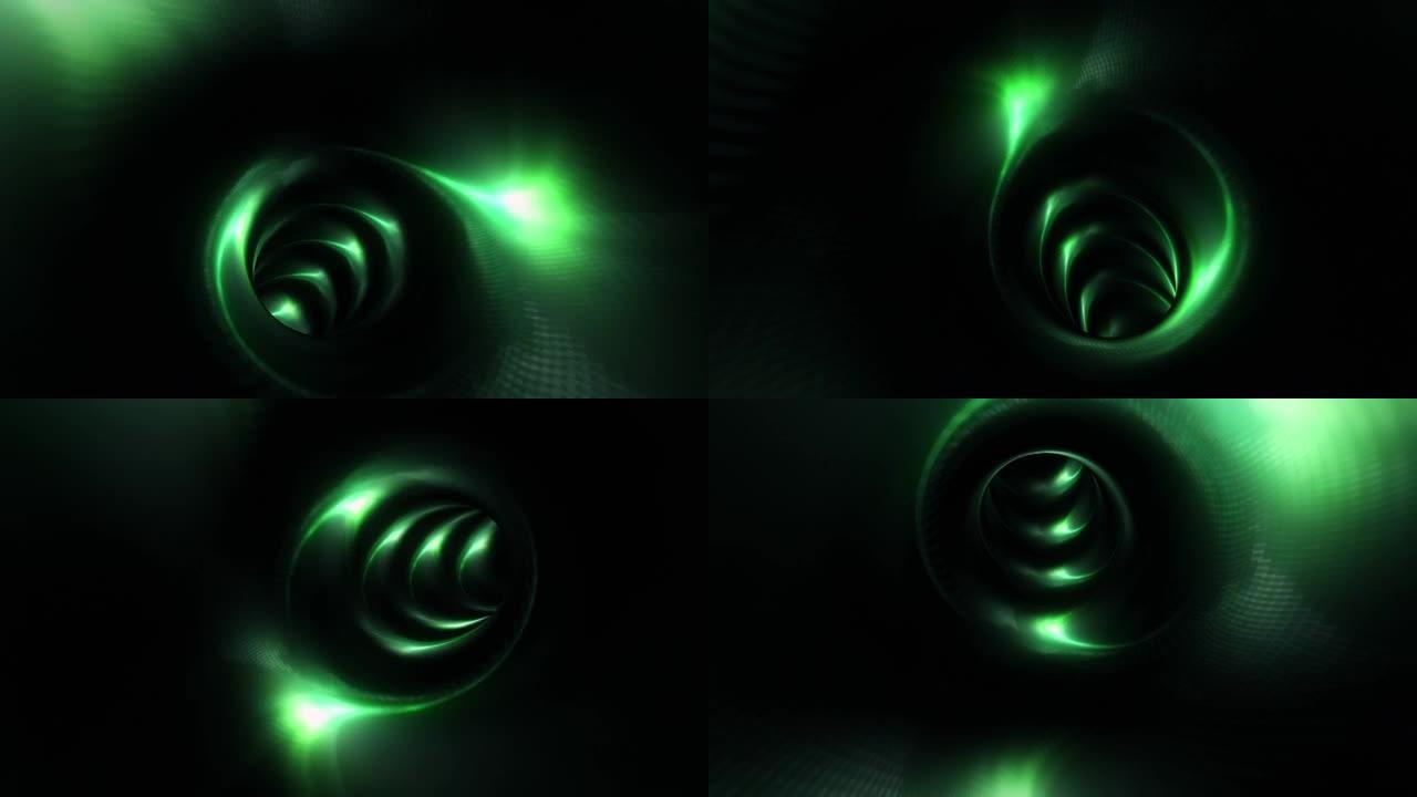 摘要飞线运动和照明深绿色矩阵光在隧道中的未来效应。未来派霓虹灯背景，紫外线发光线，激光射线，光速。4