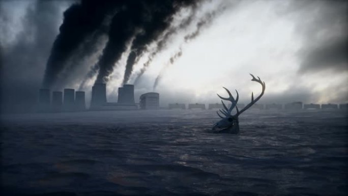 生态污染概念。肮脏的黑暗气氛。鹿骨架。生态问题。工厂烟雾。