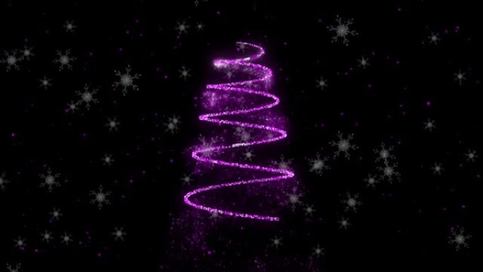 动画od雪落在排灯节文本和黑色背景上的霓虹圣诞树上