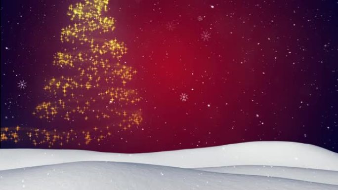 冬天的积雪落在流星上，形成红色背景上的圣诞树