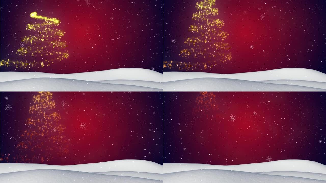 冬天的积雪落在流星上，形成红色背景上的圣诞树