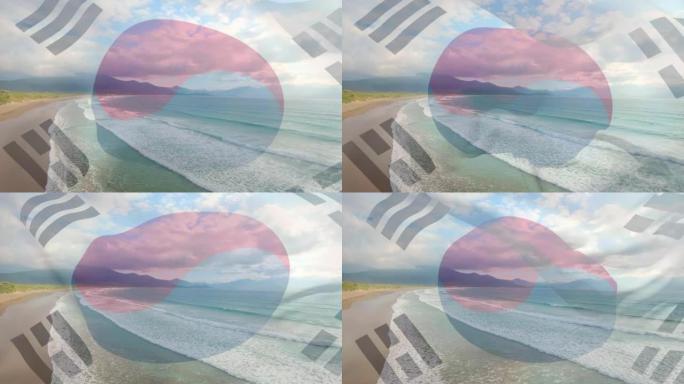 数字组成的挥舞韩国国旗对海滩和大海的鸟瞰图