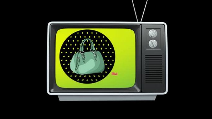 黑色背景电视中的销售文字和手提包图标动画