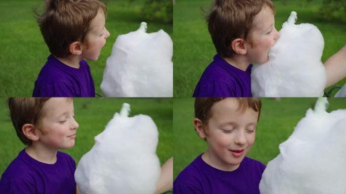红头发男孩在公园享受棉花糖