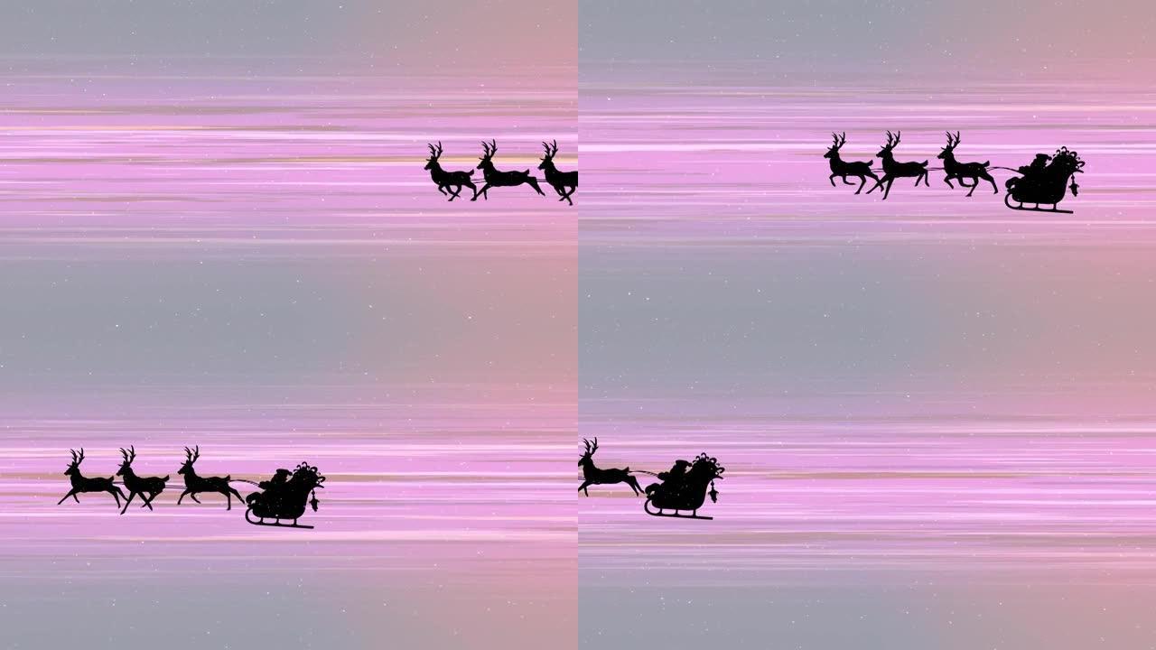 雪落在雪橇上的圣诞老人的剪影上，被驯鹿拉到光明的小径上