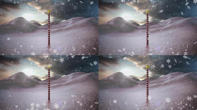 带有北极标志的冬季风景飘落的雪动画