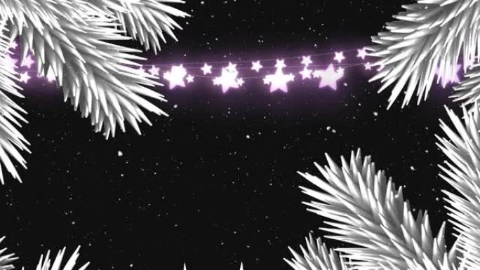 神仙灯动画，枞树装饰，雪落在黑色背景上
