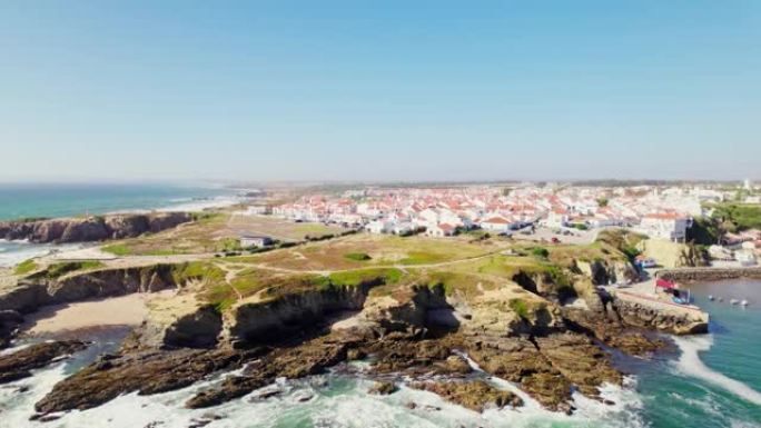 葡萄牙4k阳光明媚的普拉亚多斯布伊兹纽斯海滩的风景鸟瞰图。