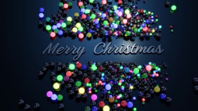 带有圣诞快乐字体和花环的环形圣诞卡，散落在表面上的球点亮并形成美丽的图案。霓虹灯新年作文。圣诞灯
