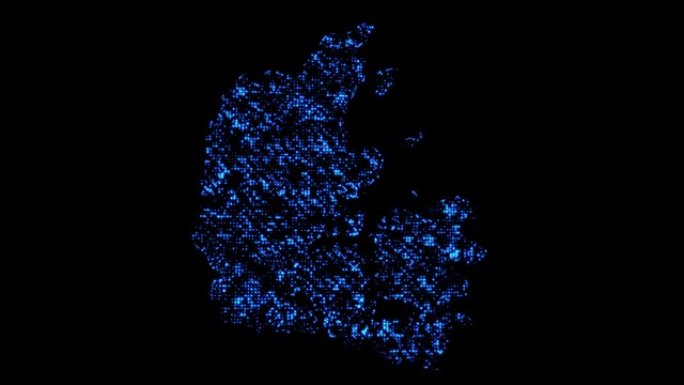 丹麦国家的地图，由黑色背景上闪烁的蓝色粒子组成。