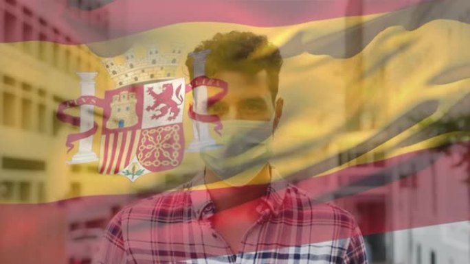 戴着口罩的男子上的西班牙国旗动画