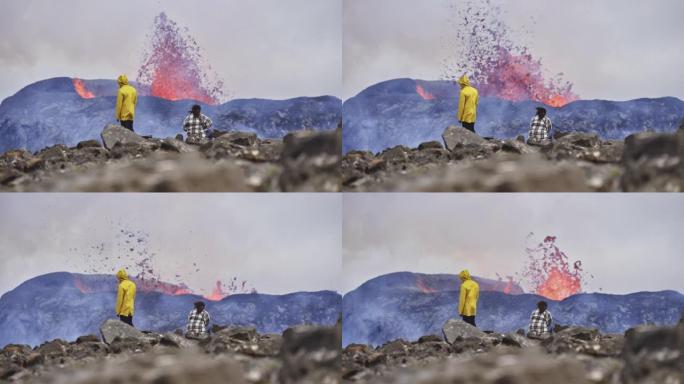 探险家遇到火山爆发场景的景观