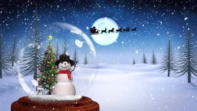 雪落在雪橇上的圣诞老人与驯鹿和雪人雪球的动画