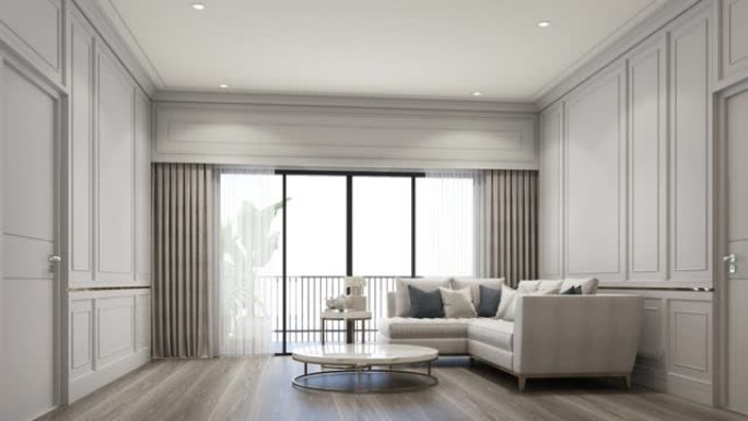 打造室内设计现代经典风格的生活区，白色大理石和金色纹理，白色家具套装3d渲染停止运动高清