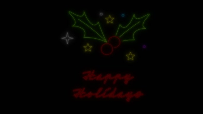 节日快乐动画圣诞霓虹灯文字和黑色背景