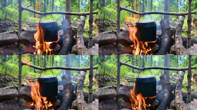 在森林的明火上烹饪食物