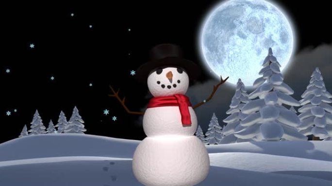 冬天风景下的雪落在快乐雪人上的动画