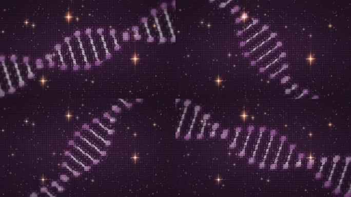 在黑色背景上旋转的dna链在发光恒星上的动画