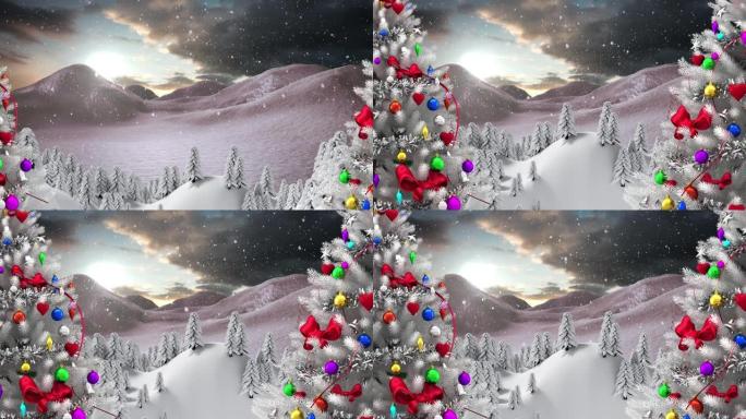 两棵圣诞树上的雪落在冬天的风景上，天空中的乌云