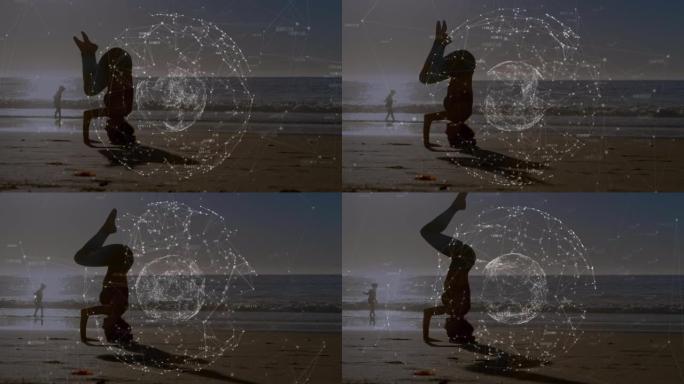 高加索妇女在海滩上练习瑜伽与地球联系网络的动画
