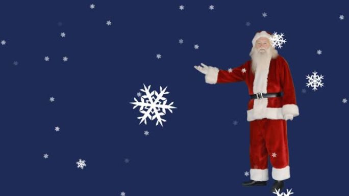 圣诞老人的动画，雪落在蓝色背景上
