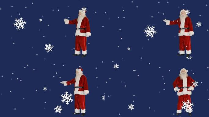 圣诞老人的动画，雪落在蓝色背景上