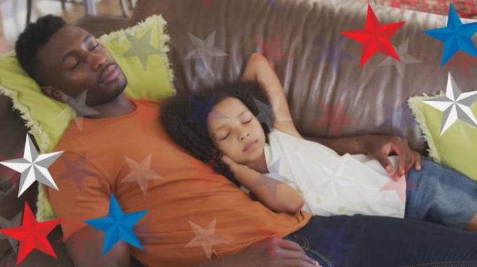 动画的红，蓝，白星星在非洲裔美国父亲和女儿睡觉