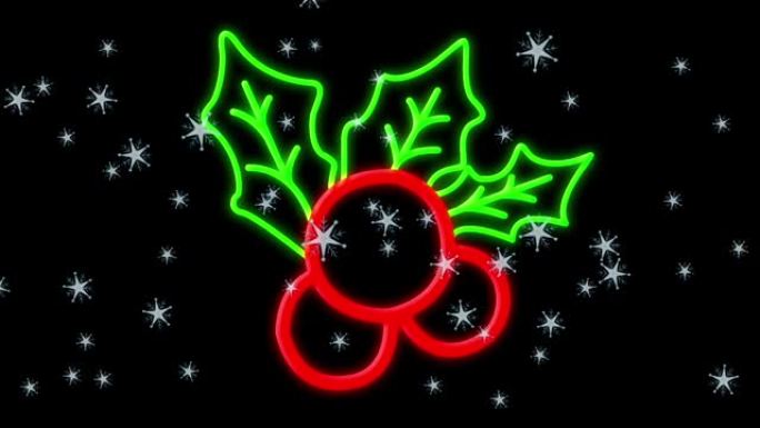 黑色背景上的动画od雪落在霓虹灯圣诞装饰上