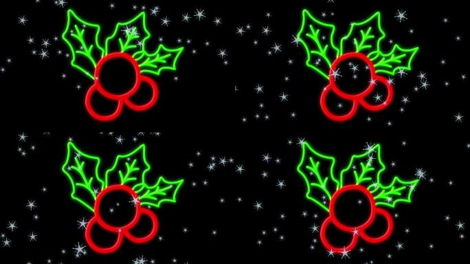 黑色背景上的动画od雪落在霓虹灯圣诞装饰上