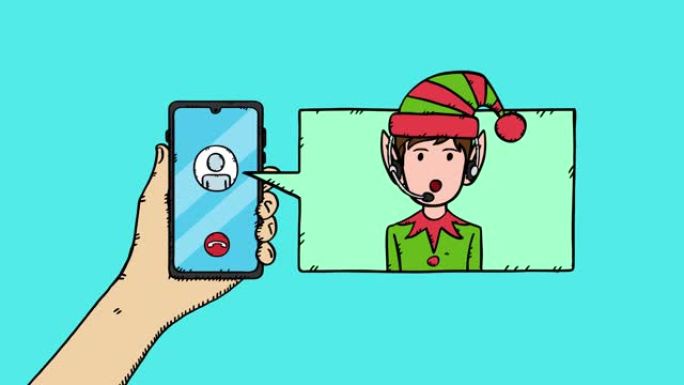 与圣诞节客服在手机上对话的视频动画。手拿着手机和语音泡泡与精灵客服服务台。易于编辑说话循环。